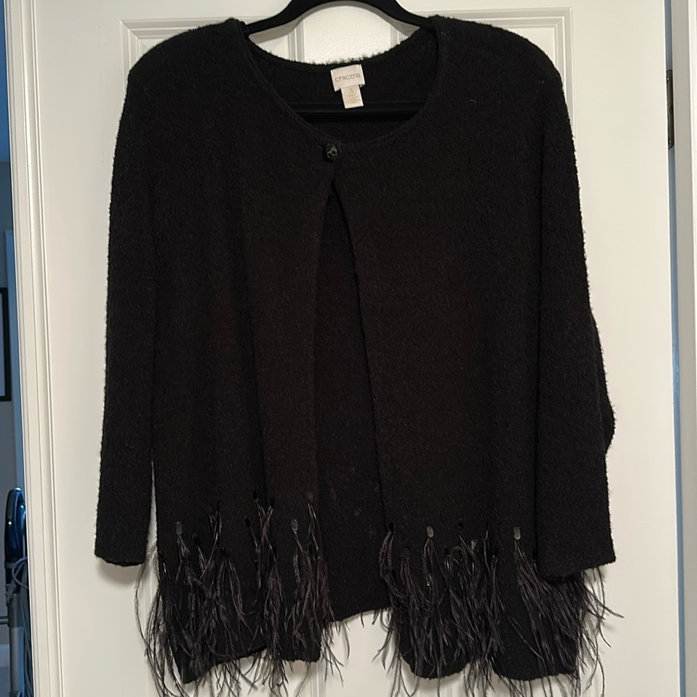 Chicos black sweater cardigan with feather fringe and sequins. Size 3.